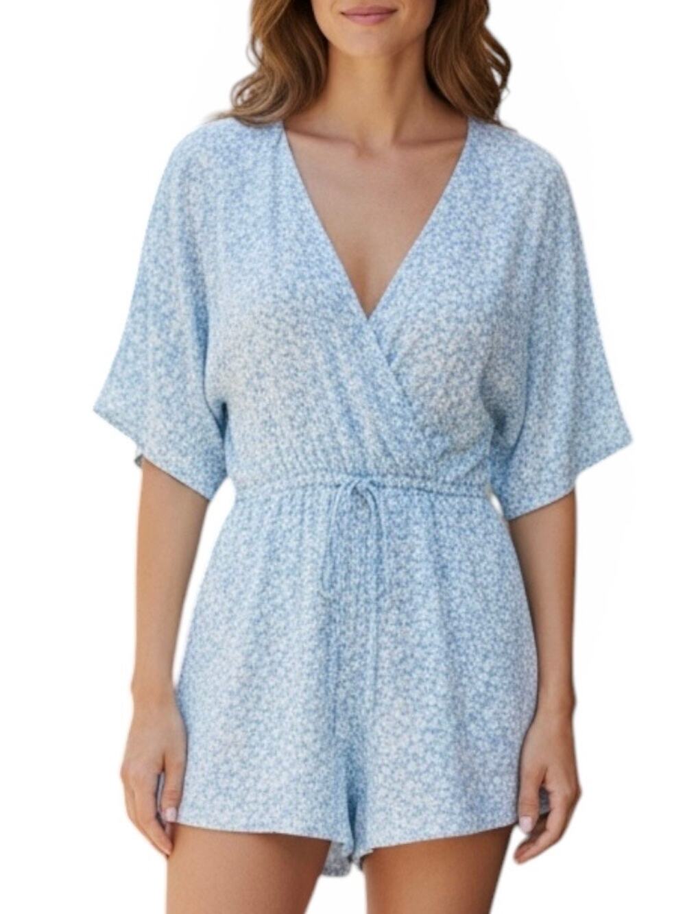 Altar'd State Blue White Floral Wrap Romper Small Boho Cottagecore Summer Dress